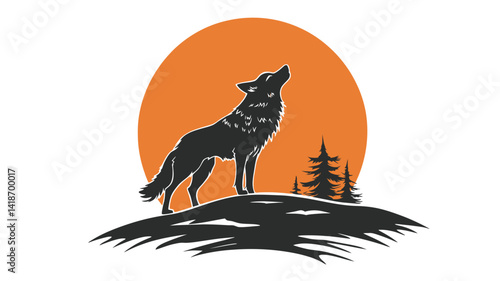 A stylized vector illustration depicting a wolf silhouette standing on a small hill, howling towards a large, vibrant orange circle representing the moon or setting sun