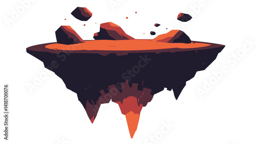 A digital illustration depicting a stylized, low-poly floating island. The island is predominantly dark-toned, suggesting volcanic rock, with incandescent orange and red hues emanating from beneath