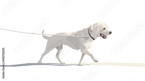 The image showcases a full-length side profile of a white, medium-sized dog, possibly a mixed breed, walking on a leash against a stark white background. The dog is in motion