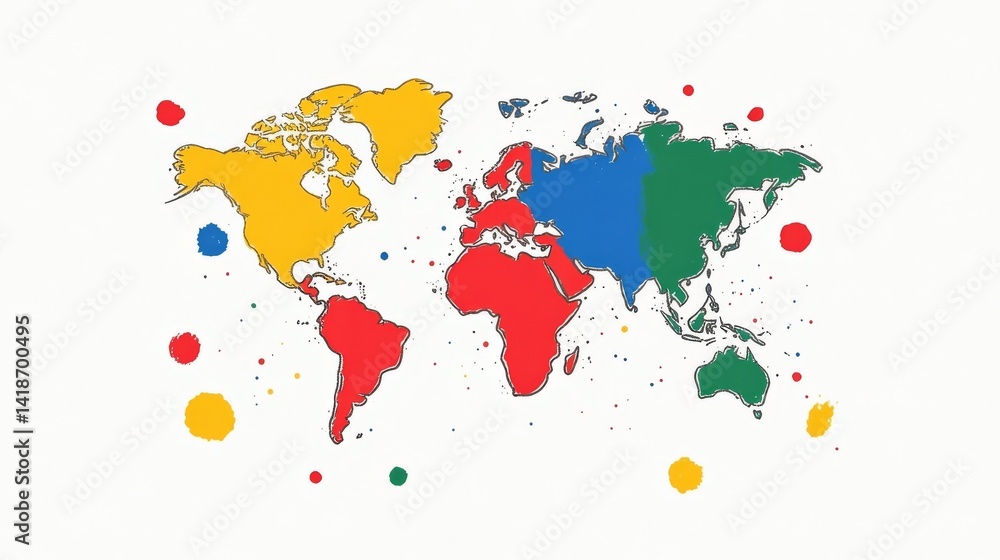 Fototapeta premium Artistic world map with vibrant paint splashes, a global canvas of creativity colorful