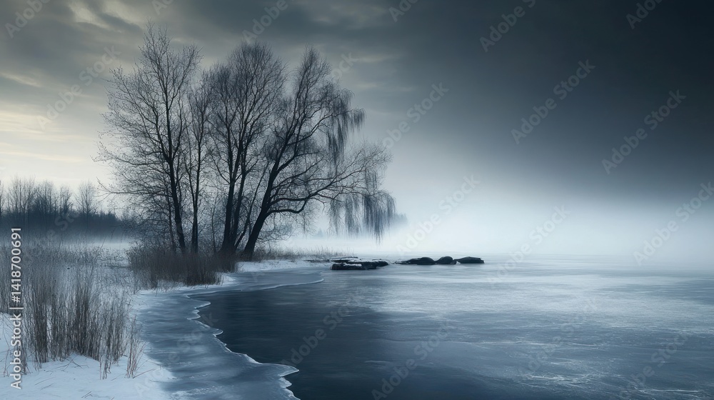 Fototapeta premium Winter Serenity: A Misty Lake and Bare Trees