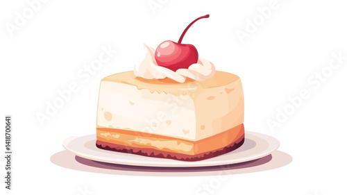 A digital watercolor illustration depicts a single square slice of cheesecake presented on a small, white plate. The cheesecake exhibits a distinct two-layered structure