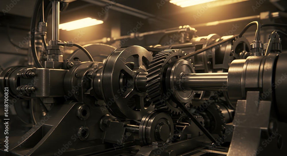 Obraz premium Complex Industrial Machine with Gears and Belts Showing Power and Movement