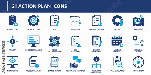 Action plan icons pack in solid style including goal setting, project timeline, execution phase, review, budget, risk, and collaboration.