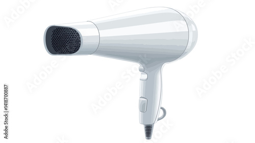 Close-up studio shot of a white professional hair dryer. The dryer is presented against a plain white background, emphasizing its clean lines and minimalist design.