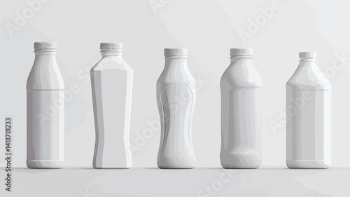A high-key studio shot depicts five unlabeled white plastic bottles arranged in a row against a bright white background.  The bottles exhibit subtle variations in shape and height
