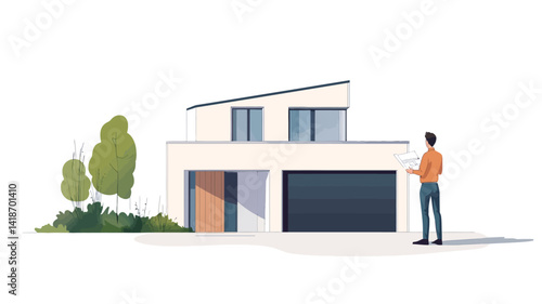 The image showcases a stylized illustration of a two-story modern house rendered in a minimalist flat design.  The house is predominantly white with dark grey garage doors and features a slightly