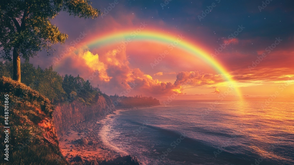 Majestic Sunset Rainbow over Coastal Cliffs Majestic Sunset Rainbow over Coastal Cliffs