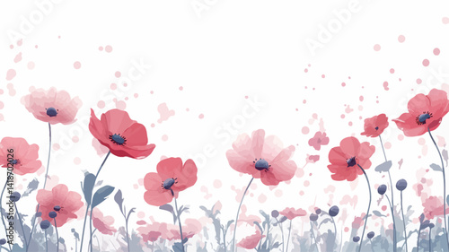 This image is a digital watercolor painting depicting a field of poppies. The flowers are rendered in shades of pink and red, with soft, diffused edges characteristic of the watercolor medium