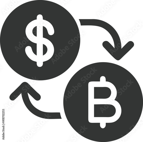 Currency Exchange Dollar and Bitcoin Icons with Arrows, Isolated