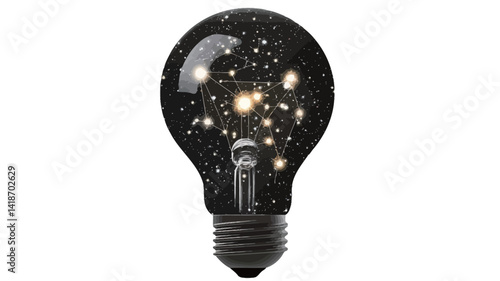Close-up studio shot of a decorative light bulb. The bulb is spherical with a black glass exterior featuring a speckled pattern reminiscent of a night sky.  Within the glass, small, warm-toned LED