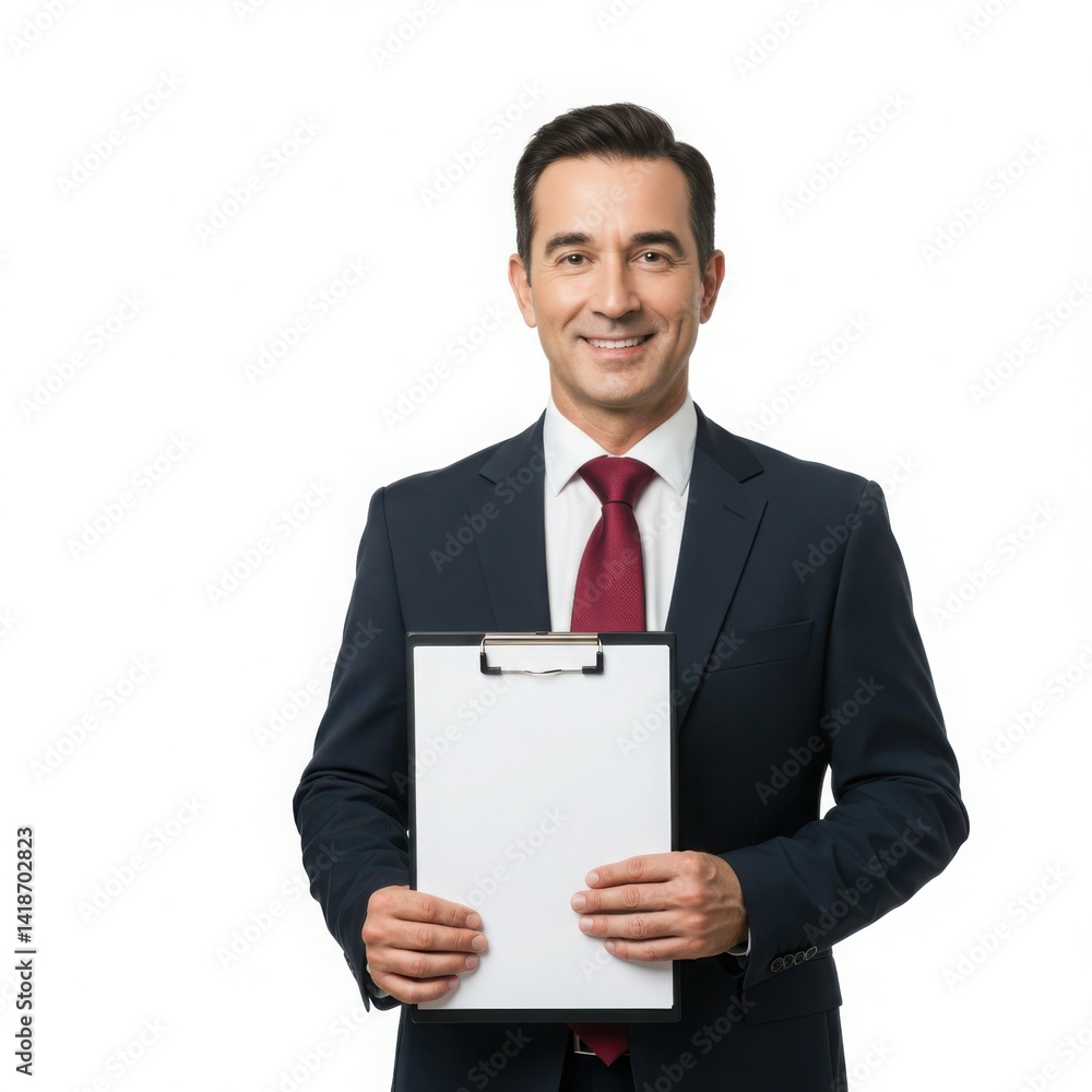 Man in suit holding clipboard with blank paper smiling at camera isolated on white background Man in suit holding clipboard with blank paper smiling at camera isolated on white background