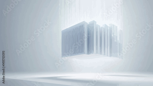 The image presents a minimalist composition featuring several translucent, light gray cubes seemingly suspended in mid-air against a white, subtly textured background