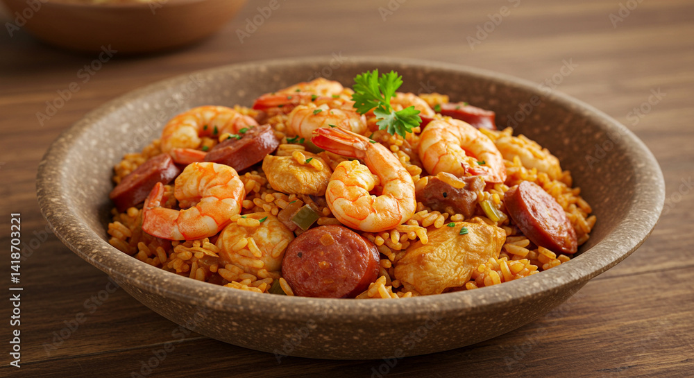 Hearty bowl of jambalaya with seafood and sausage Hearty bowl of jambalaya with seafood and sausage
