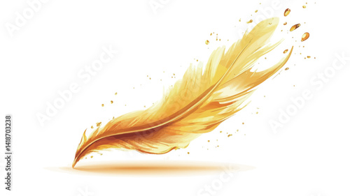 A digital illustration depicting a stylized golden feather rendered with a watercolor-like effect. The feather exhibits a fluid, flowing form, with the gold tones graduating in intensity