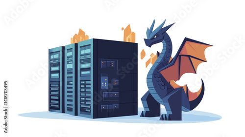 A vibrant, stylized illustration showcases a fierce, dark-blue dragon exhaling flames onto a cluster of dark-gray servers.  The dragon is rendered with sharp, defined scales and features,