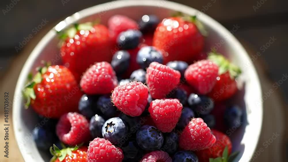 A Colorful Bowl of Fresh Strawberries, Raspberries, and Blueberries on a Wooden Surface, Perfectly Bright and Juicy for a Healthy Snack or Dessert A Colorful Bowl of Fresh Strawberries, Raspberries, and Blueberries on a Wooden Surface, Perfectly Bright and Juicy for a Healthy Snack or Dessert