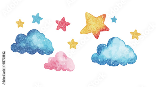 The image showcases a whimsical arrangement of hand-painted watercolor clouds and stars against a stark white background.  The clouds are rendered in varying shades of light blue and pink