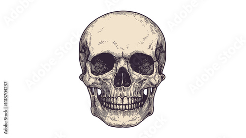 A detailed vector illustration of a human skull rendered in a vintage style. The skull is presented in a frontal view, showcasing the intricate bone structure including the craniu