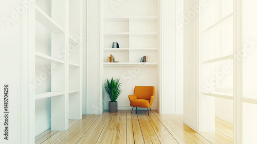 White wall with an armchair and a shelf in a minimalistic interior design