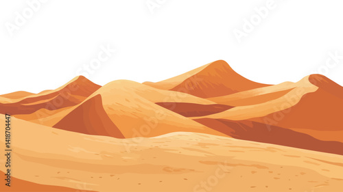 A stylized illustration depicting a desert landscape.  The image showcases a series of undulating sand dunes rendered in varying shades of warm orange and ochre hues.
