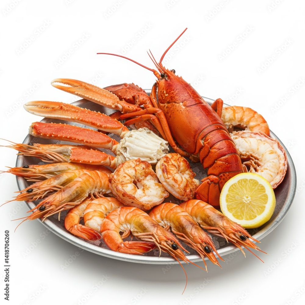 Assortment of seafood with lobster, shrimp, crab, and lemon slice isolated on white background