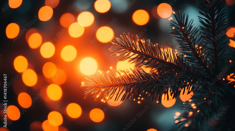 Festive evergreen branch, bokeh lights