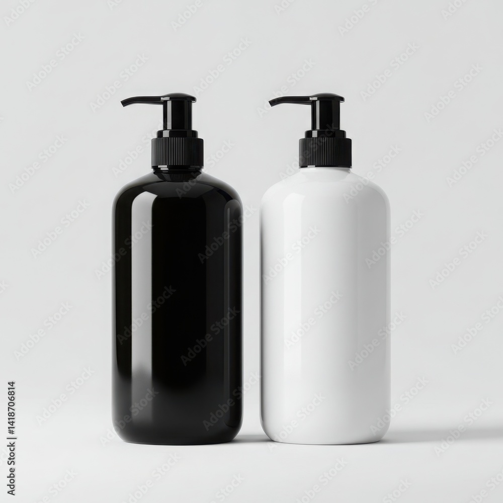 Two pump bottles one black and one white side by side close up view isolated on white background Two pump bottles one black and one white side by side close up view isolated on white background