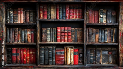 Antique books fill wooden shelves