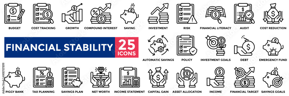 Financial stability icon collection set.Containing budget planning, saving, risk, tax planning, savings plan, cost reduction, capital gain icon. Simple line vector illustration. Financial stability icon collection set.Containing budget planning, saving, risk, tax planning, savings plan, cost reduction, capital gain icon. Simple line vector illustration.