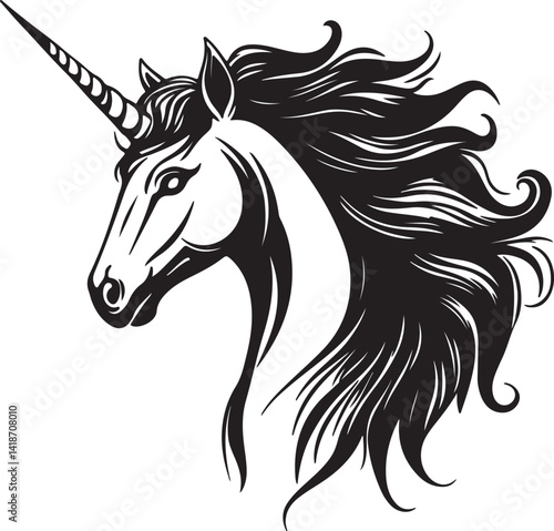 Black Unicorn Portrait, Vector Illustration, Isolated on White Background, Fantasy Creature and Magical Concept, Majestic black unicorn head profile, detailed mane and horn, dark fantasy art. 
