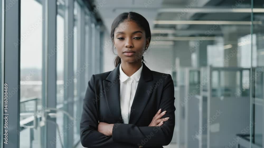 Confident young professional woman standing with arms crossed in a modern office interior, looking serious and focused in business attire. Confident young professional woman standing with arms crossed in a modern office interior, looking serious and focused in business attire.