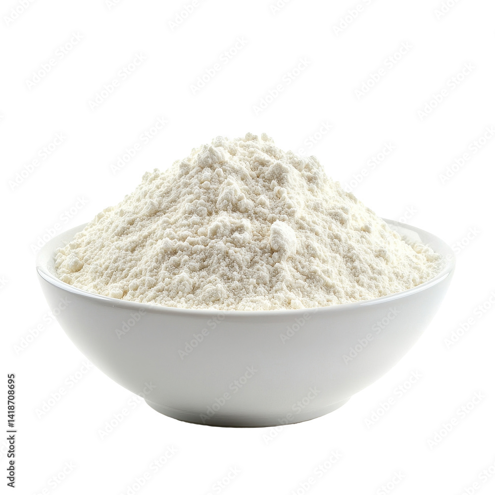 Flour in a white bowl isolated against a plain Transparent background for culinary use and baking activities, Pile of flour in white bowl isolated on PNG background Flour in a white bowl isolated against a plain Transparent background for culinary use and baking activities, Pile of flour in white bowl isolated on PNG background