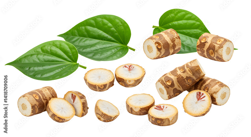 Fresh betel nut slices and leaves arranged artistically on a white background, showcasing natural textures and colors Fresh betel nut slices and leaves arranged artistically on a white background, showcasing natural textures and colors