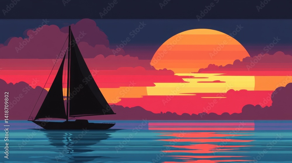 Naklejka premium Silhouette of a sailboat gliding across the ocean with a dramatic, colorful sunset in the background