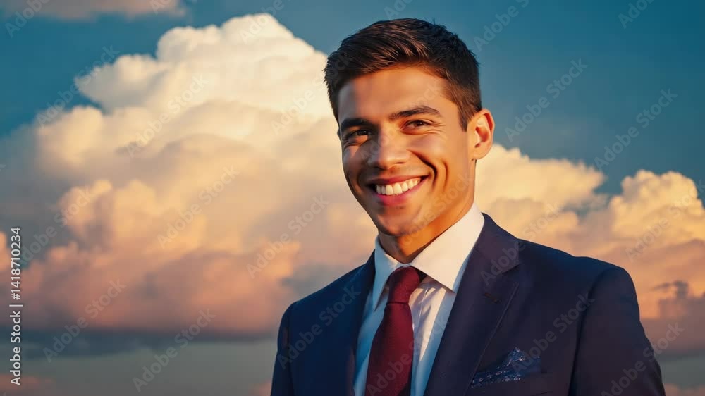 Smiling young professional man in a suit with a necktie stands against a backdrop of fluffy clouds during a colorful sunset. Smiling young professional man in a suit with a necktie stands against a backdrop of fluffy clouds during a colorful sunset.