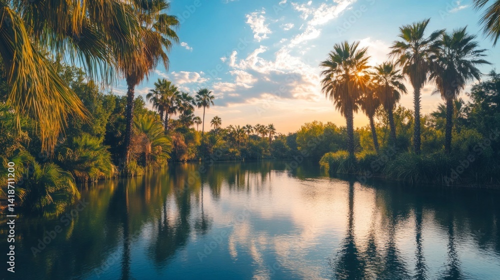 Tranquil lakeside scene with palm trees mirroring on the water surface at sunset Tranquil lakeside scene with palm trees mirroring on the water surface at sunset