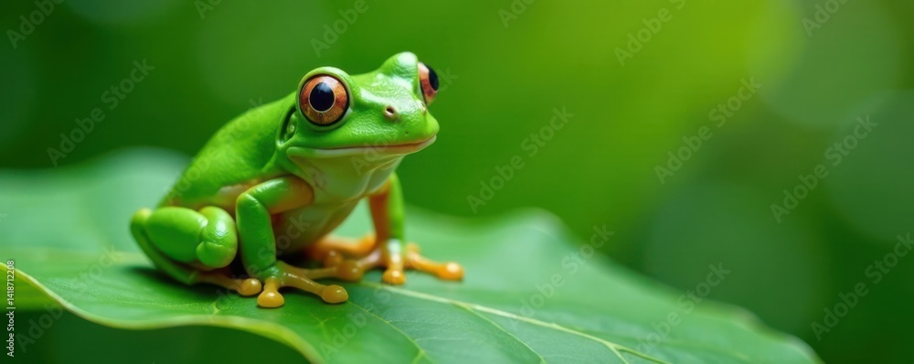 Naklejka premium Cute green frog sitting on a green leaf , cute frog, cute animal