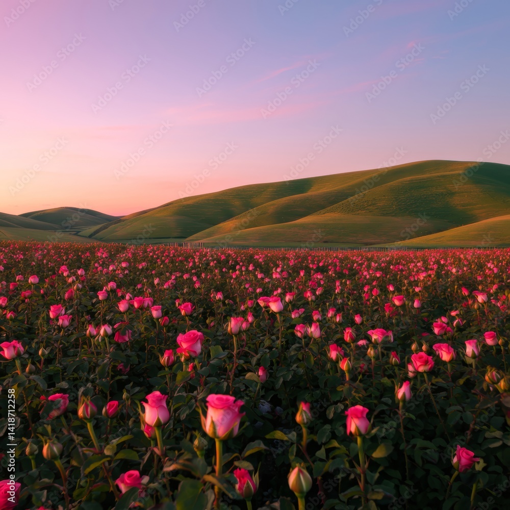 Obraz premium Vibrant rose field blooming under a sunset sky 
