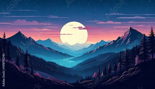 European mountain landscape from side view at the night