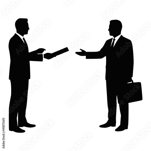 Business Document Exchange Silhouette Between Two Businessmen Representing Agreement and Collaboration