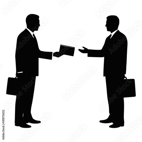 Business Document Exchange Silhouette Between Two Businessmen Representing Agreement and Collaboration