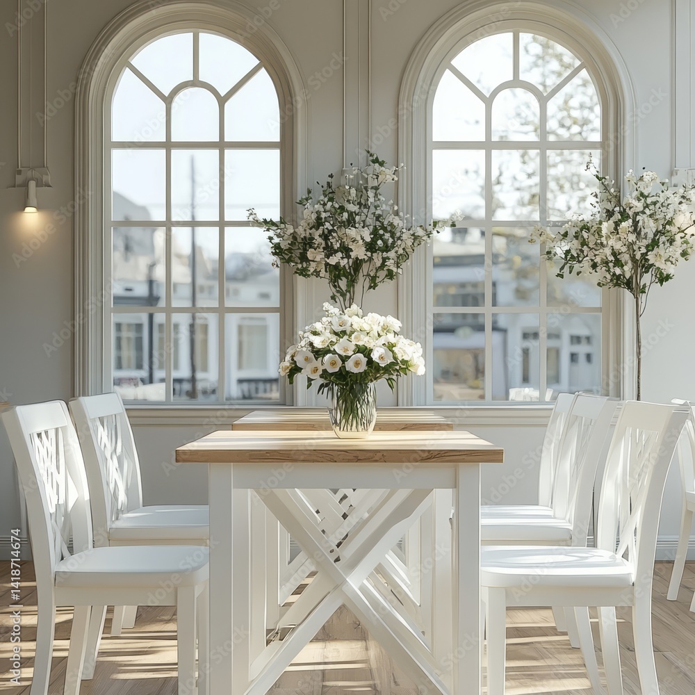 Fototapeta premium Brightly lit dining room featuring a wooden table and white chairs
