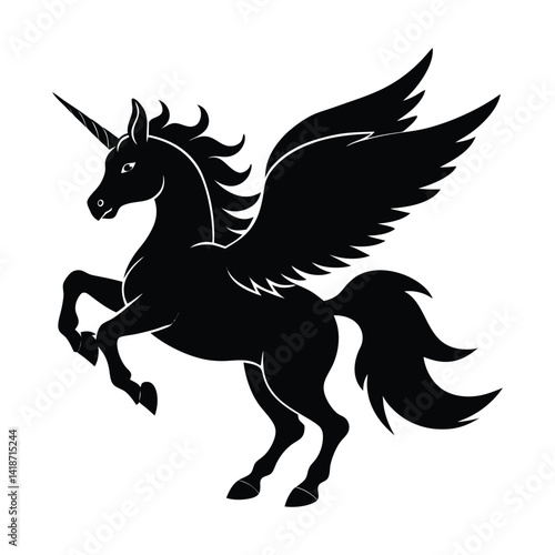 Black stallion silhouette vector illustration depicts a wild, running equine animal with a flowing mane