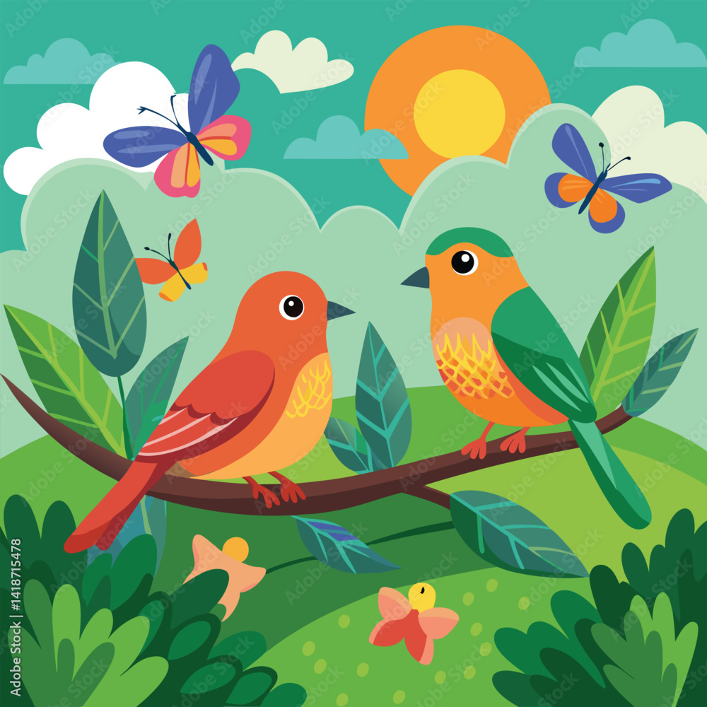 a pair of beautiful birds on a branch. a pair of beautiful birds on a branch.