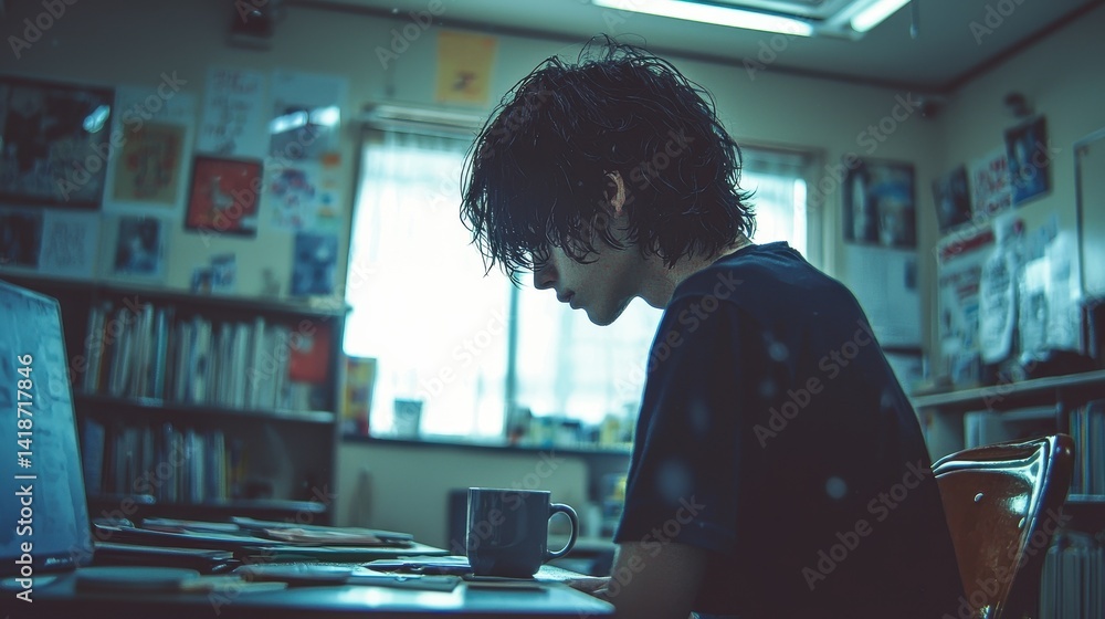 Contemplative Young Person Working Alone in a Cozy Workspace Contemplative Young Person Working Alone in a Cozy Workspace