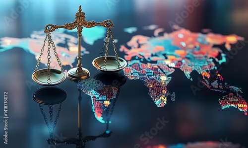 A global finance law concept with scales of justice overlaid on a world map filled with stock market symbols , 