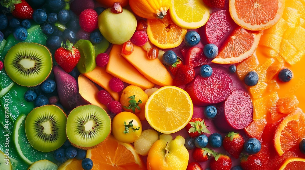 vibrant rainbow of fresh fruits, including berries, citrus, and tropical delights, creating a colorful and healthy medley perfect for a nutritious, refreshing snack or meal.