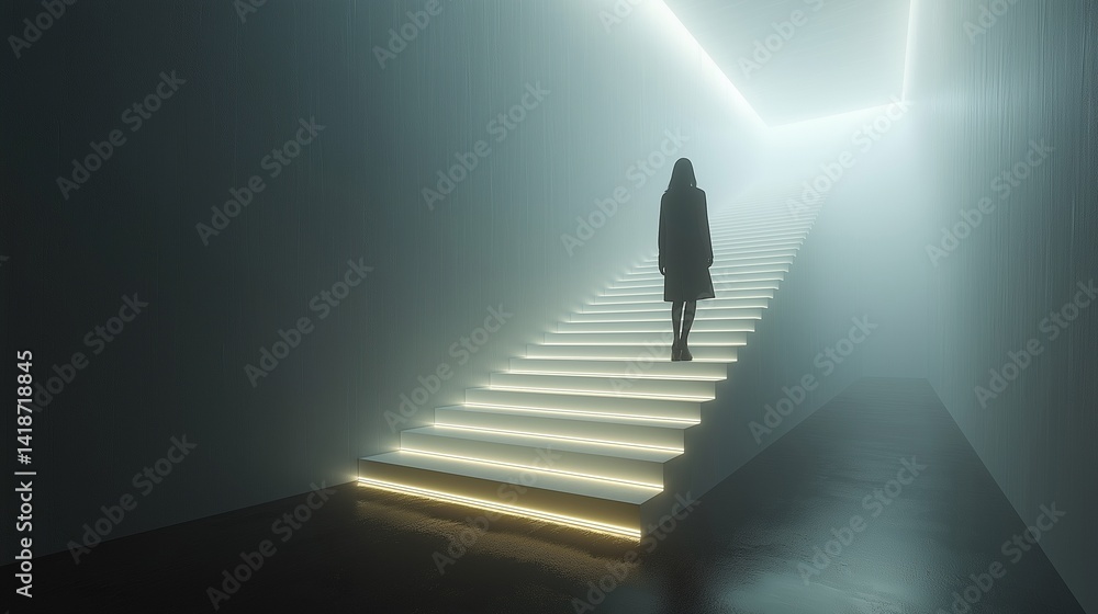 Person walking up a staircase made of light beams with empty space ,generative ai illustration Person walking up a staircase made of light beams with empty space ,generative ai illustration