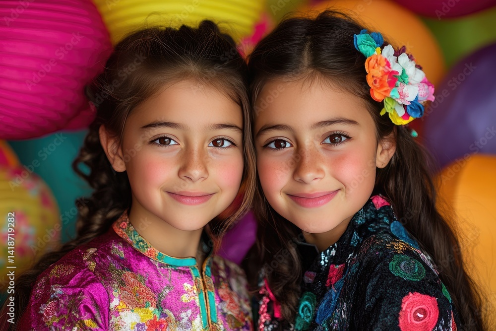 Happy Twin Sisters in Colorful Traditional Attire with Bright Lanterns Happy Twin Sisters in Colorful Traditional Attire with Bright Lanterns